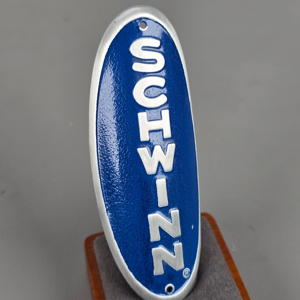 Schwinn Bicycle Head Tube Badge Blue Silver Metal Oval Emblem READ